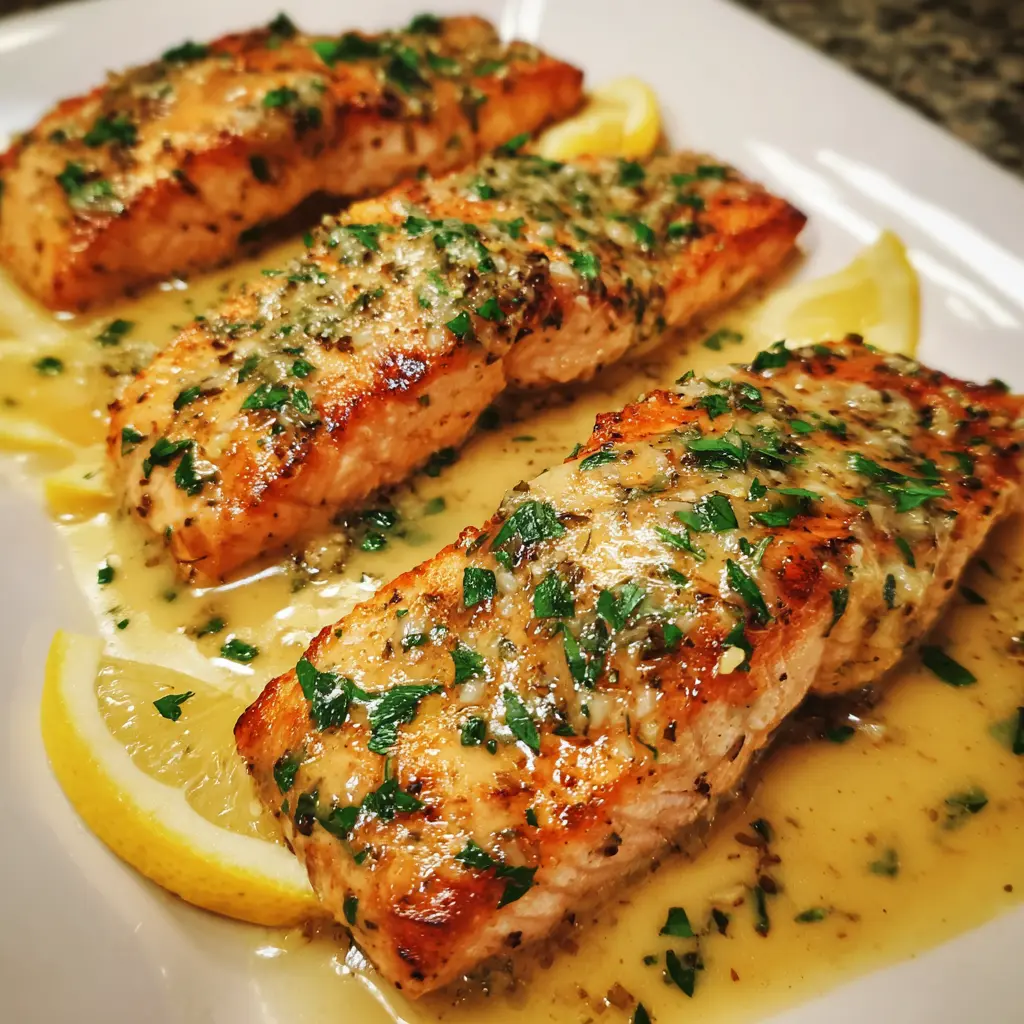 Close-up of three perfectly cooked Keto Salmon with Lemon Herb Butter fillets on a white platter, garnished with fresh herbs and vibrant lemon slices.