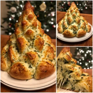 Festive pull-apart garlic herb cheese bread in a Christmas tree shape, perfect for a Christmas tree appetizer recipe.
