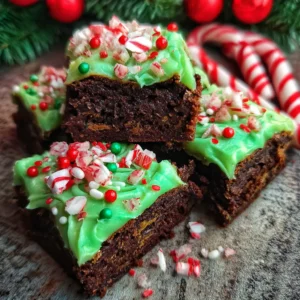 Festive peppermint chocolate squares from a christmas tree brownies recipe, adorned with green frosting and candy cane sprinkles on a rustic wooden surface with a blurred Christmas background.