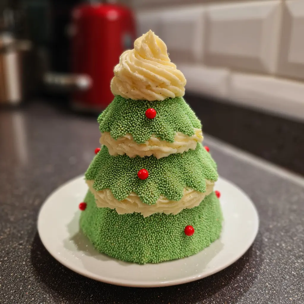 Delightful three-tiered Christmas tree cake recipe decorated with green sprinkles and red ornaments on a white plate in a kitchen.