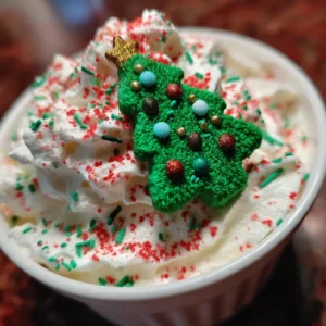 Easy Little Debbie Christmas Tree Dip 2 Festive whipped cream dessert with Christmas tree sugar decoration and sprinkles, ideal for a delicious christmas tree dip recipe.