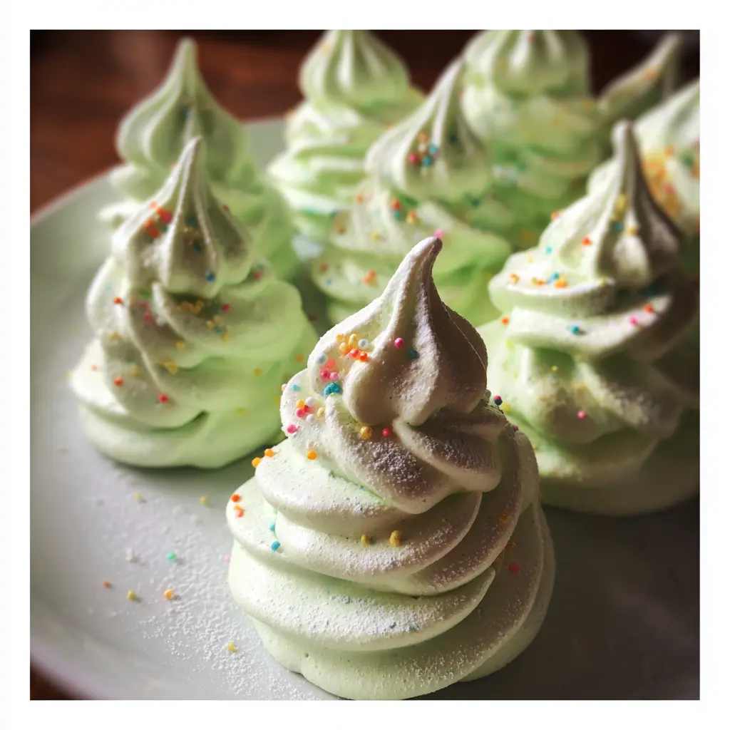 Delicate pastel green Christmas tree meringues, spiraled and topped with colorful sprinkles, presented on a light serving plate, ideal for a Christmas tree meringues recipe.