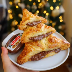 Golden puff pastry triangles filled with rich Nutella, stacked to form a Christmas tree shape, held on a white plate with a mini Nutella jar, perfect for a Christmas tree Nutella recipe.
