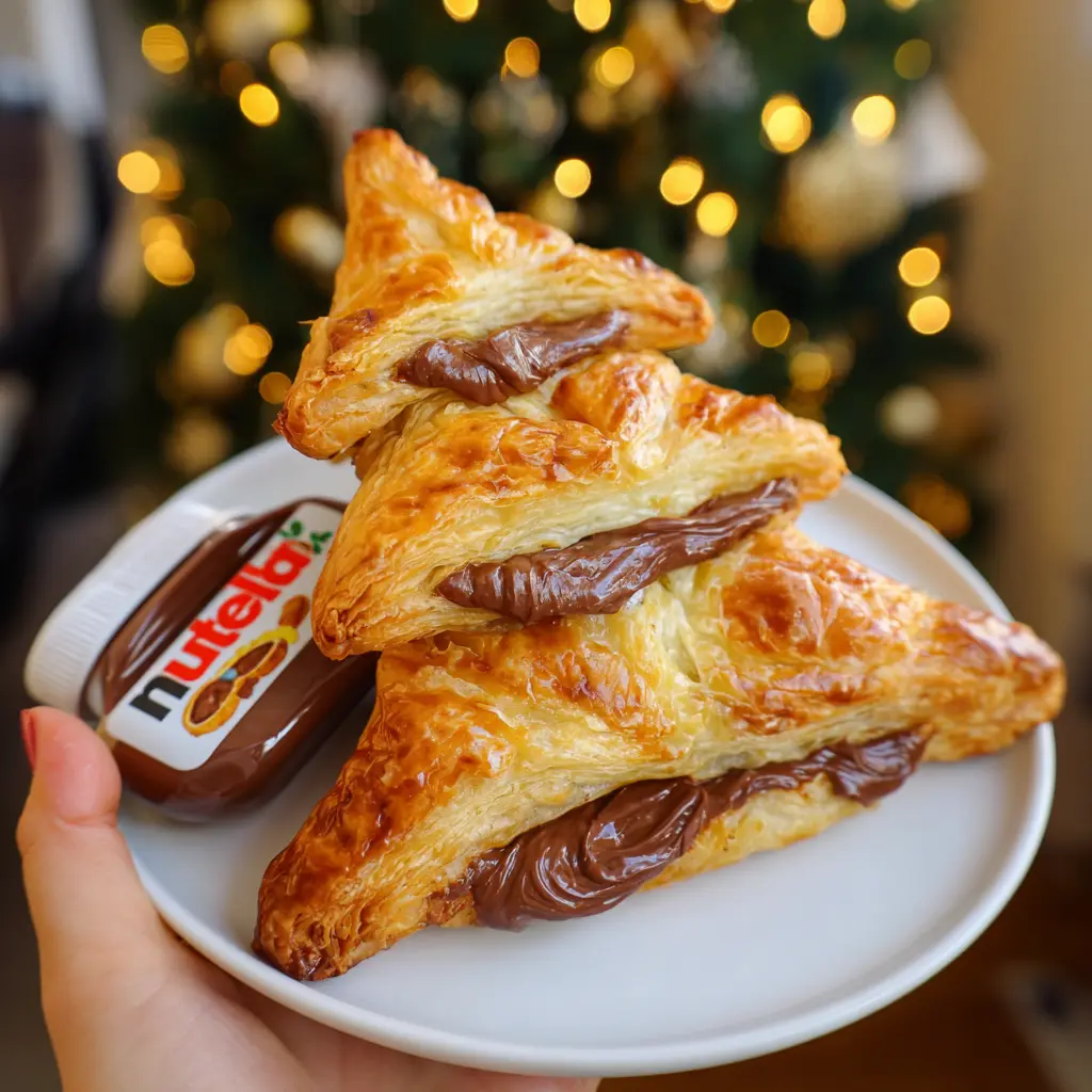 Golden puff pastry triangles filled with rich Nutella, stacked to form a Christmas tree shape, held on a white plate with a mini Nutella jar, perfect for a Christmas tree Nutella recipe.