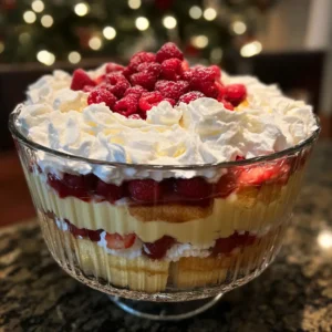 A beautifully layered christmas trifle recipe presented in a clear glass bowl, garnished with whipped cream, fresh red berries, and powdered sugar against a festive background.