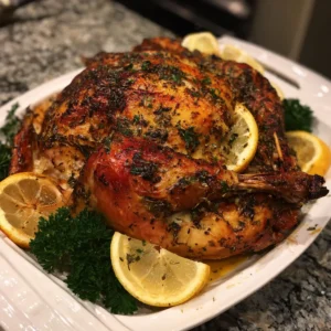 Juicy Roast Turkey Recipe 2 A perfectly roasted, golden-brown chicken garnished with fresh herbs and lemon, an ideal Christmas turkey recipe inspiration.
