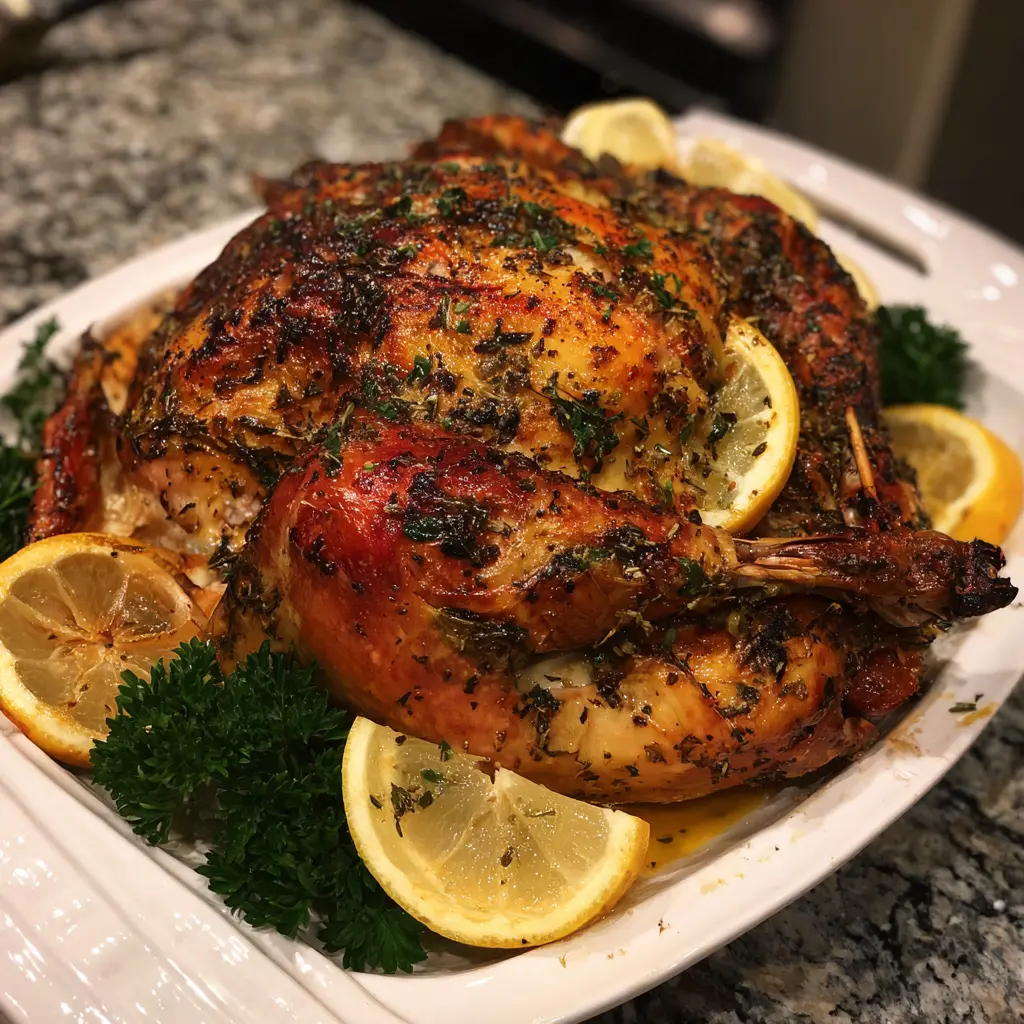 A perfectly roasted, golden-brown chicken garnished with fresh herbs and lemon, an ideal Christmas turkey recipe inspiration.