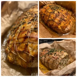 A collage showing the preparation and cooking stages of a beautifully browned, herb-crusted Christmas vegan turkey roast recipe.