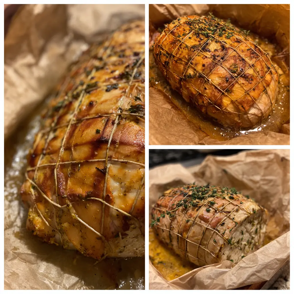 A collage showing the preparation and cooking stages of a beautifully browned, herb-crusted Christmas vegan turkey roast recipe.