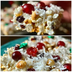 Close-up of festive Christmas white Christmas recipe popcorn bars topped with cranberries, nuts, and shredded coconut, ideal for holiday treats.