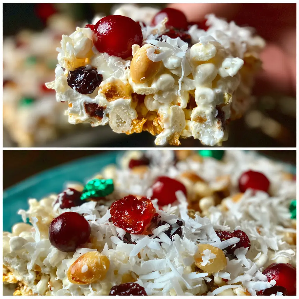 Close-up of festive Christmas white Christmas recipe popcorn bars topped with cranberries, nuts, and shredded coconut, ideal for holiday treats.