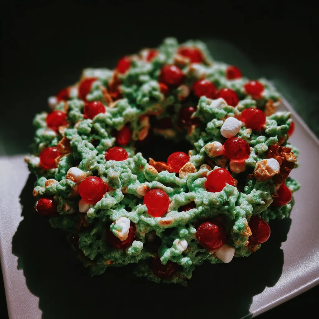 A vibrant, dramatically lit Christmas wreath cookie recipe dessert made from crispy green cereal, red candies, and white marshmallows.