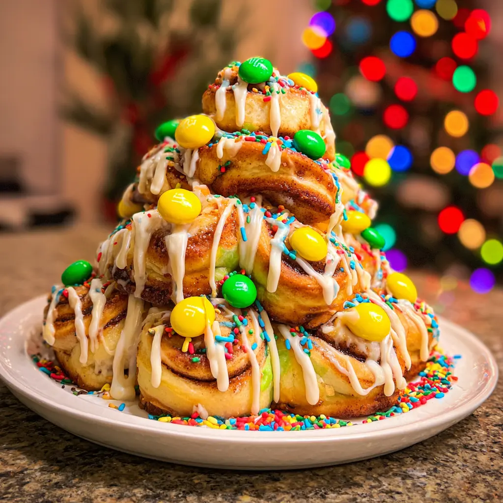 A festive cinnamon roll Christmas tree recipe adorned with glaze, sprinkles, and candies, glowing against blurred holiday lights.