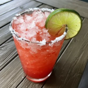 Vibrant red frozen ortisol cocktail for weight loss, garnished with a lime wedge and salted rim.