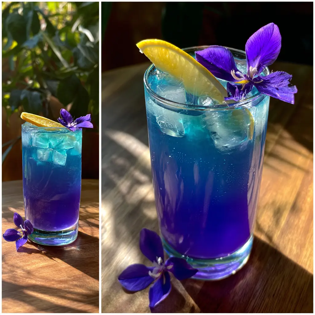 Vibrant blue and purple layered drink with lemon and a purple flower, embodying a refreshing Brazilian Mounjaro Drink in natural light.