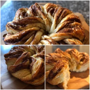 A triptych showcasing a golden-brown, intricately braided cinnamon star bread recipe on a wooden board, with a close-up of its delicious, fluffy interior.