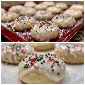 Delicious cream cheese Christmas cookies with festive glaze and sprinkles, showcased on a red tray and a white plate, ready for a Christmas cookie recipe.