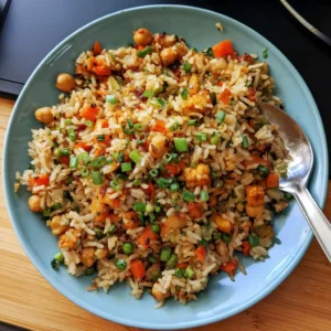 Vibrant plate of vegetarian Low-Calorie Fried Rice with chickpeas, tofu, carrots, and peas, garnished with scallions.