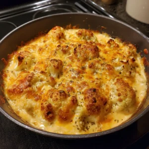 Close-up of bubbling, golden-brown Keto Cauliflower Mac and Cheese baked in a skillet, garnished with fresh herbs.
