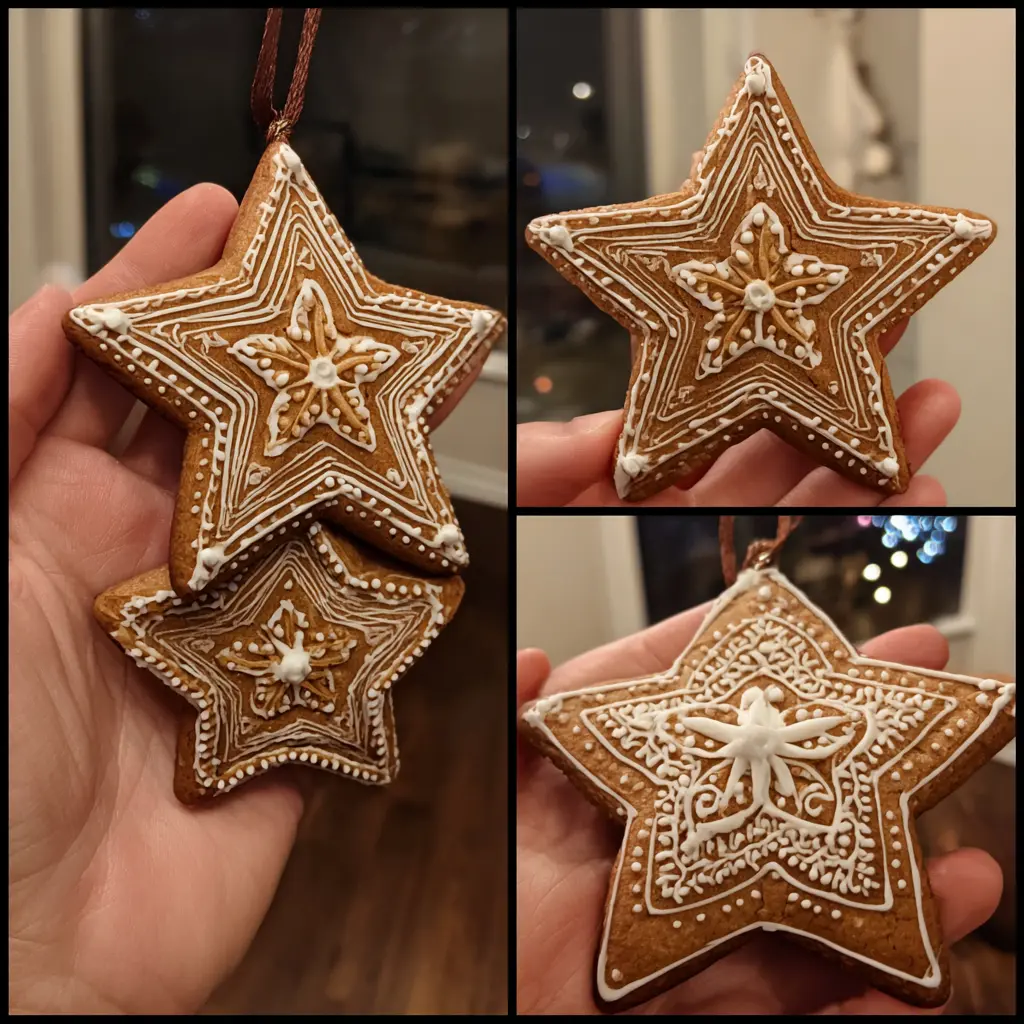A collage of beautifully decorated gingerbread star ornaments, perfect for holiday crafting with a gingerbread ornament recipe.