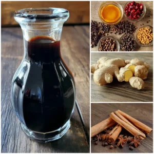Easy Homemade Gingerbread Syrup Recipe 2 A collage showcasing a glass bottle of dark gingerbread syrup, fresh ginger roots, cinnamon sticks, star anise, and various spices, perfect for a homemade gingerbread syrup recipe.
