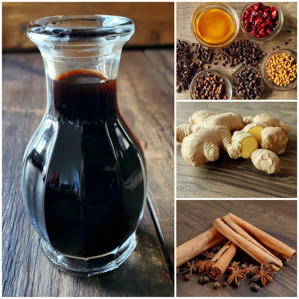 A collage showcasing a glass bottle of dark gingerbread syrup, fresh ginger roots, cinnamon sticks, star anise, and various spices, perfect for a homemade gingerbread syrup recipe.