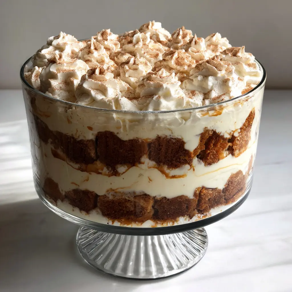 Magnificent layered gingerbread trifle recipe in a clear glass bowl, topped with whipped cream and spice.