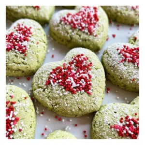 Easy Grinch Cookies Recipe 2 Close-up of heart-shaped green Grinch Christmas cookies dusted with powdered sugar and colorful sprinkles.