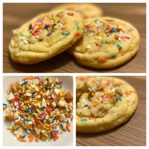 Delicious homemade icebox cookies with colorful sprinkles, nuts, and white chocolate chips, alongside their festive ingredients.