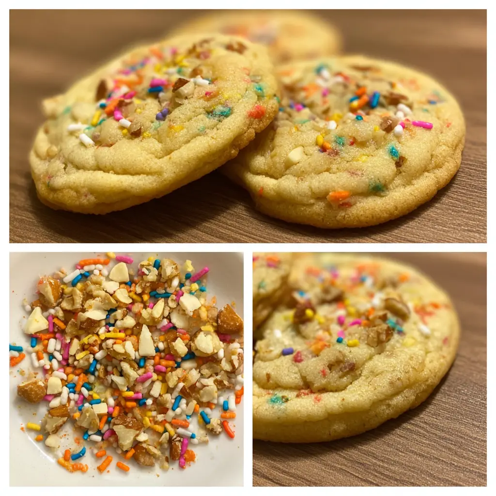 Delicious homemade icebox cookies with colorful sprinkles, nuts, and white chocolate chips, alongside their festive ingredients.