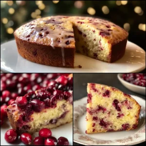 Festive Cranberry Christmas Cake Recipe 2 Festive Christmas cranberry cake recipe collage with glazed whole cake, close-up slice, and elegant presentation. Golden crust, red cranberries, and warm holiday lights.