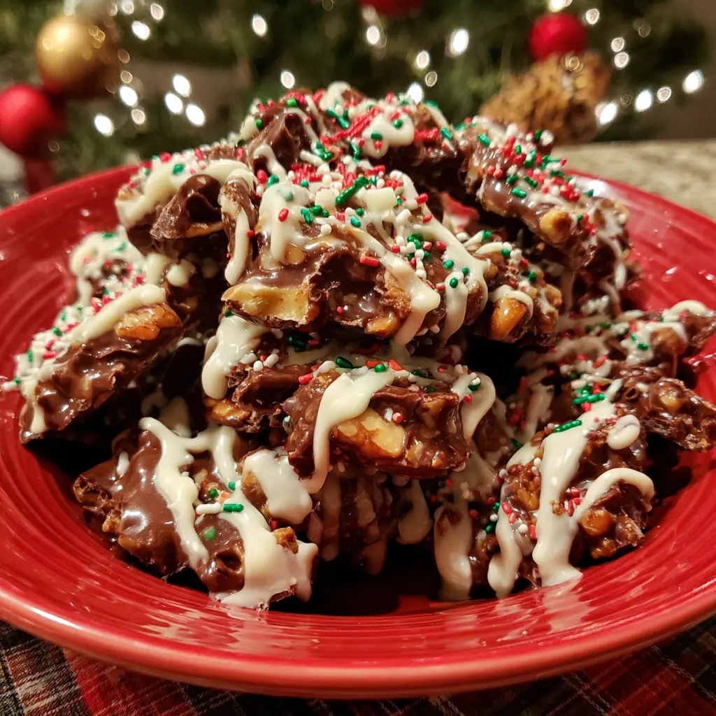 A close-up of festive chocolate clusters with nuts, white chocolate drizzle, and red, green, and white sprinkles in a red bowl, evoking a delicious christmas crockpot candy recipe.