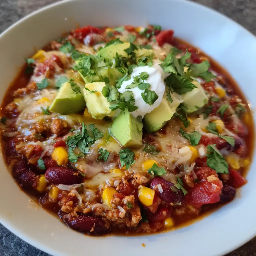 A close-up, top-down view of a vibrant bowl of High-Protein Turkey Chili, topped with melted cheese, avocado, sour cream, and fresh cilantro.