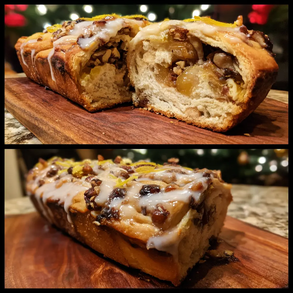 Delicious glazed and filled Christmas cuccidati bread loaf, cut open to show fruit and nut interior, on a rustic wooden board with festive lights.