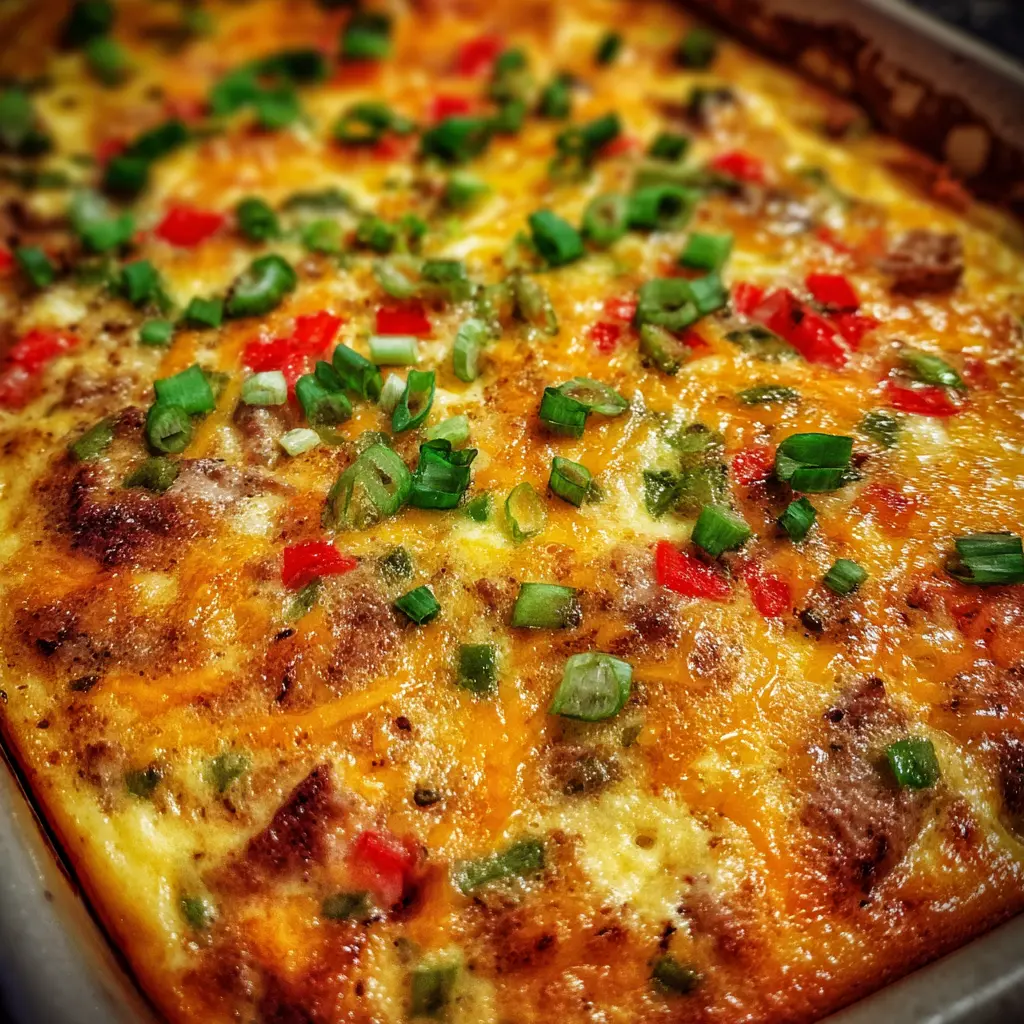 A close-up of a freshly baked, cheesy Christmas egg casserole recipe, adorned with vibrant red bell peppers, green onions, and savory sausage in a light-colored pan. Breakfast Casserole