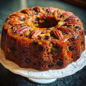 A beautifully glazed bundt cake, rich with pecans and candied fruits on a decorative white stand, showcasing a delicious christmas fruit cake recipe.