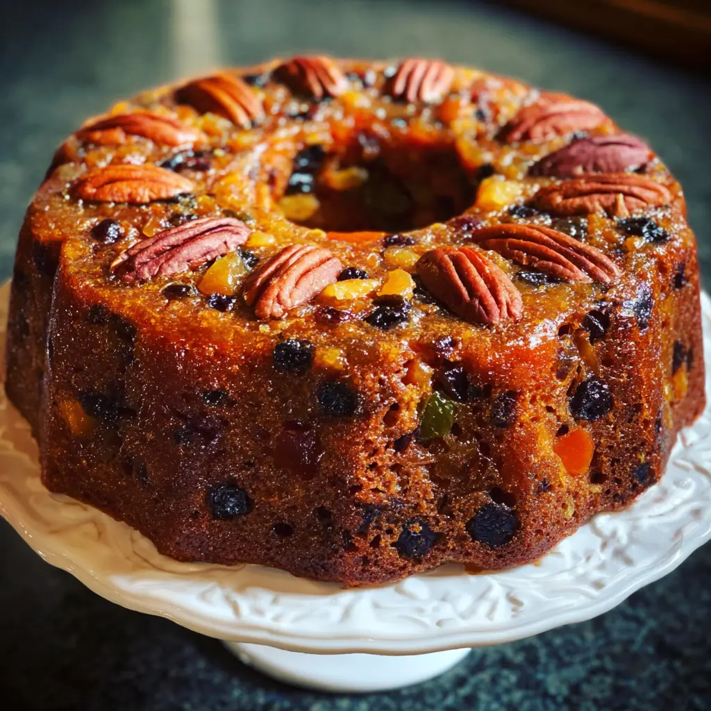 A beautifully glazed bundt cake, rich with pecans and candied fruits on a decorative white stand, showcasing a delicious christmas fruit cake recipe.