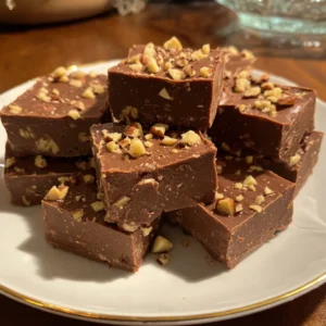 Delicious homemade chocolate fudge squares with chopped nuts on a white plate, perfect for a christmas fudge recipe.
