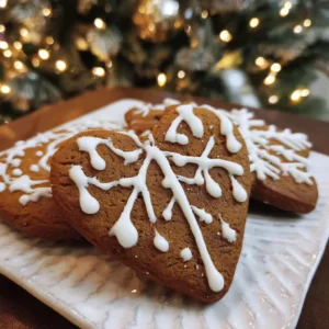 Close-up of heart-shaped gingerbread cookies with white icing, a perfect treat from our christmas gingerbread cookie recipe.