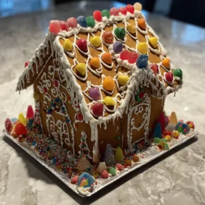 A beautifully decorated Christmas gingerbread house, adorned with colorful candies and white icing, showcasing a creative recipe.