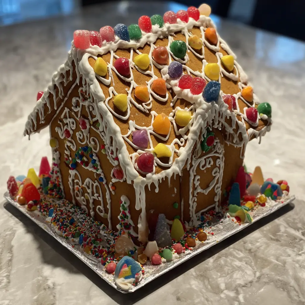 A beautifully decorated Christmas gingerbread house, adorned with colorful candies and white icing, showcasing a creative recipe.