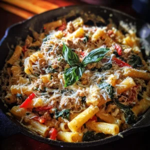 Close-up of a rustic cast-iron skillet filled with creamy Protein-Packed Cottage Cheese Pasta, garnished with Parmesan and fresh basil.