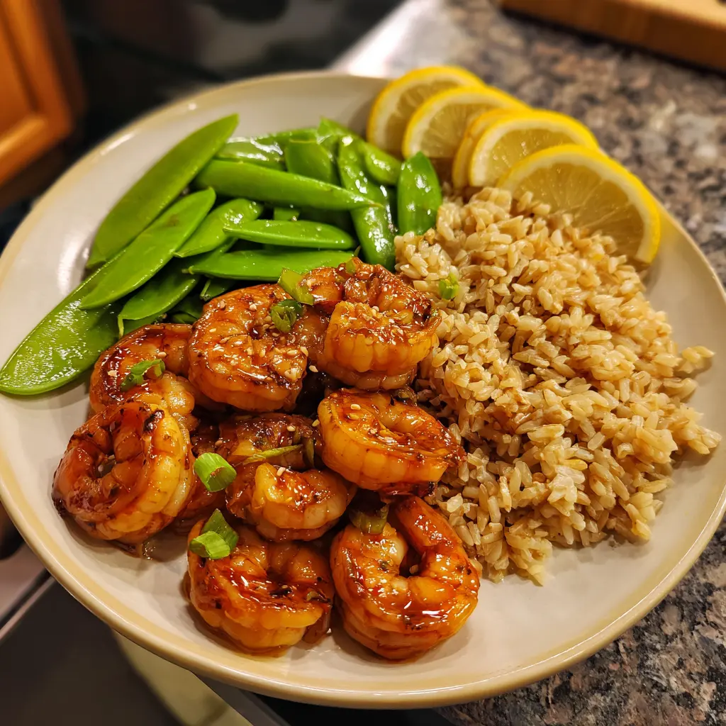 A vibrant Honey Garlic High-Protein Shrimp Meal Prep with glazed shrimp, brown rice, snap peas, and lemon slices. healthy shrimp meal prep