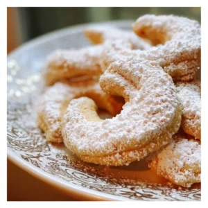 Vanillekipferl (German Vanilla Crescent Cookies) 2 A plate of homemade Christmas vanillekipferl cookies generously dusted with powdered sugar, highlighting a delightful recipe.