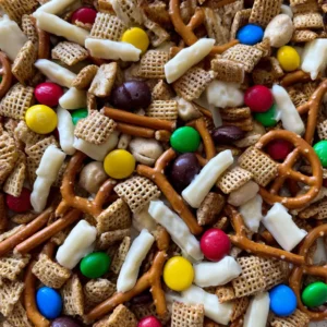 Vibrant, close-up view of a delicious Christmas trail mix recipe featuring glazed cereal, pretzels, colorful M&Ms, and white chocolate.