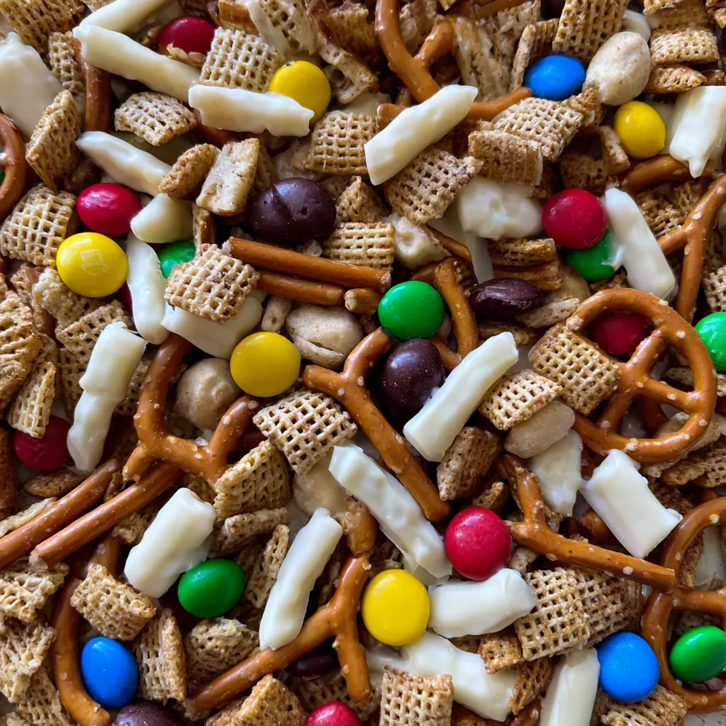 Vibrant, close-up view of a delicious Christmas trail mix recipe featuring glazed cereal, pretzels, colorful M&Ms, and white chocolate.