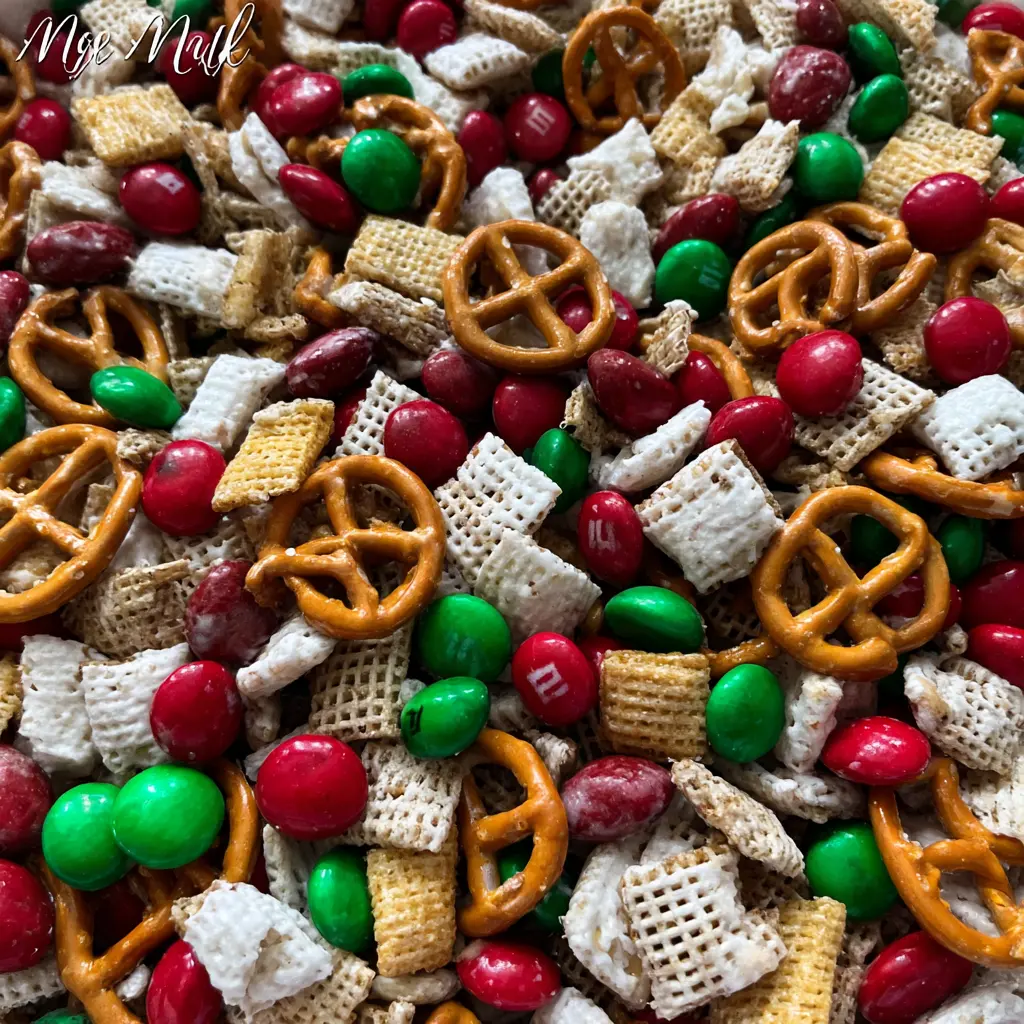 A vibrant overhead shot of a festive Christmas trash recipe mix with red and green M&M's, pretzels, and white-coated cereal.