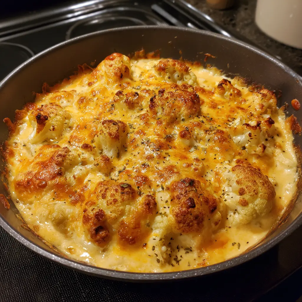 Close-up of bubbling, golden-brown Keto Cauliflower Mac and Cheese baked in a skillet, garnished with fresh herbs.