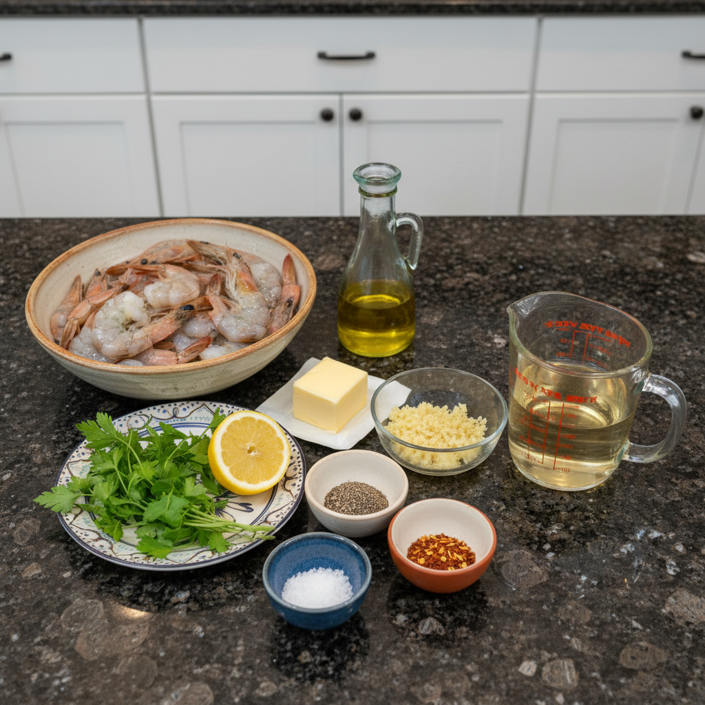Fresh ingredients for shrimp scampi, including raw shrimp, garlic, lemon, butter, and herbs, laid out on a board.