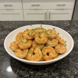 A vibrant dish of plump shrimp scampi with garlic, lemon, and parsley over linguine, ready to be served.